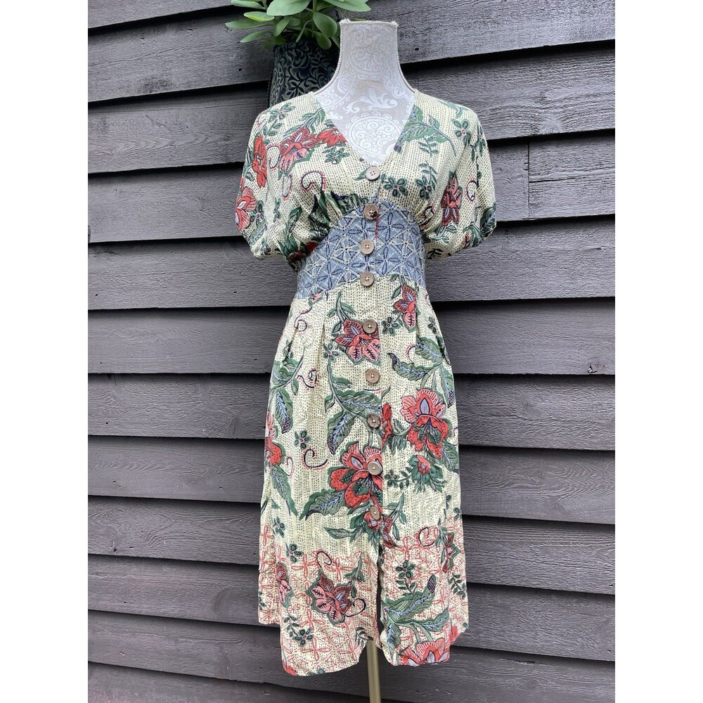 Vintage Angie Boho Floral Patchwork Midi Dress Button Front Rayon Cottagecore S